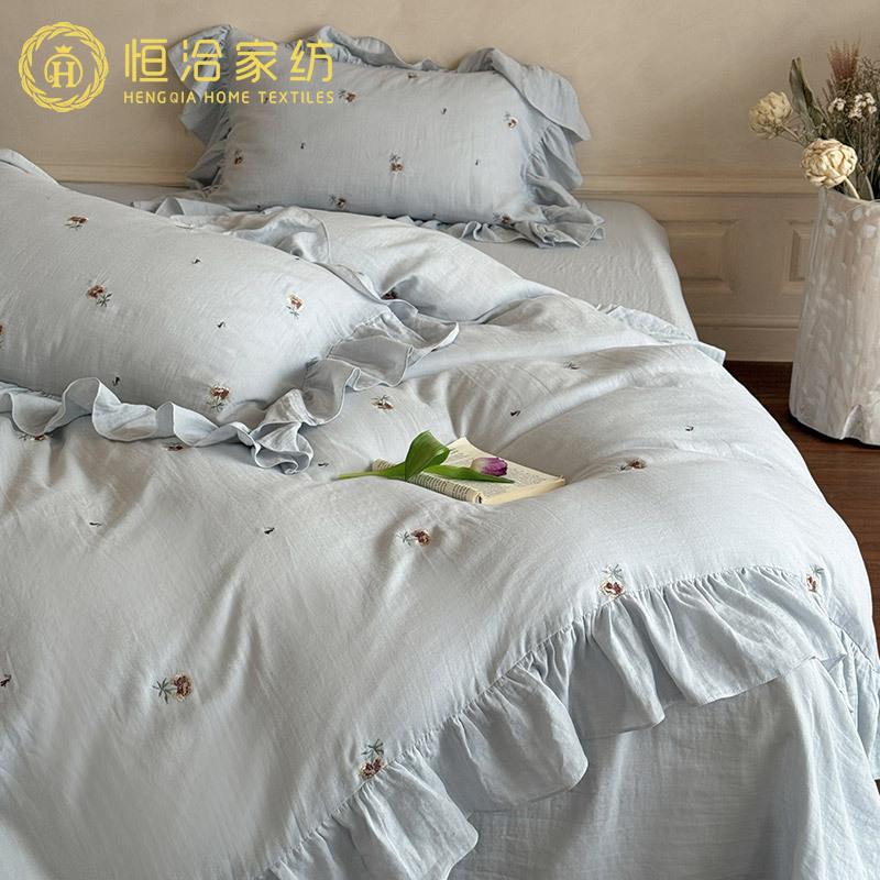法式风全棉皱皱双层纱四件套少女高端刺绣花卉被套纯棉床品白蓝色