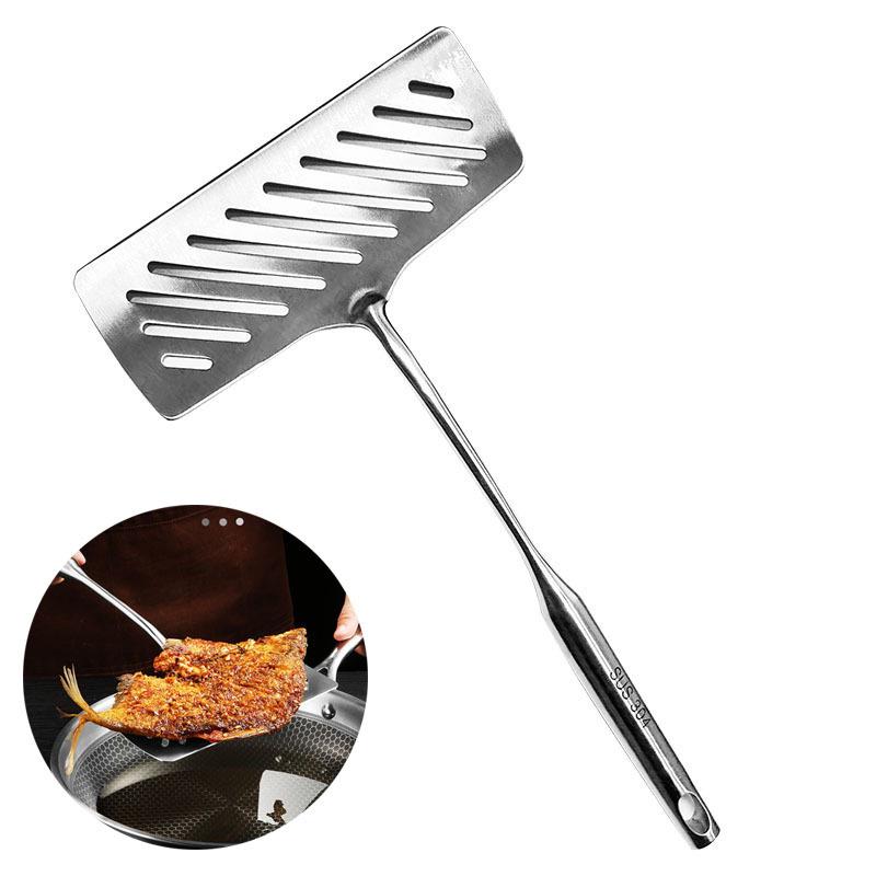 304不锈钢煎鱼铲翻鱼铲加厚厨房平铲长柄沥油炸鱼专用漏铲不粘