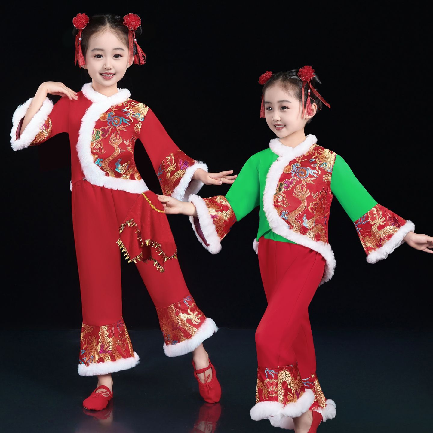 2025新款冬款儿童秧歌服女开门红演出服民族扇子舞红色喜庆打鼓服