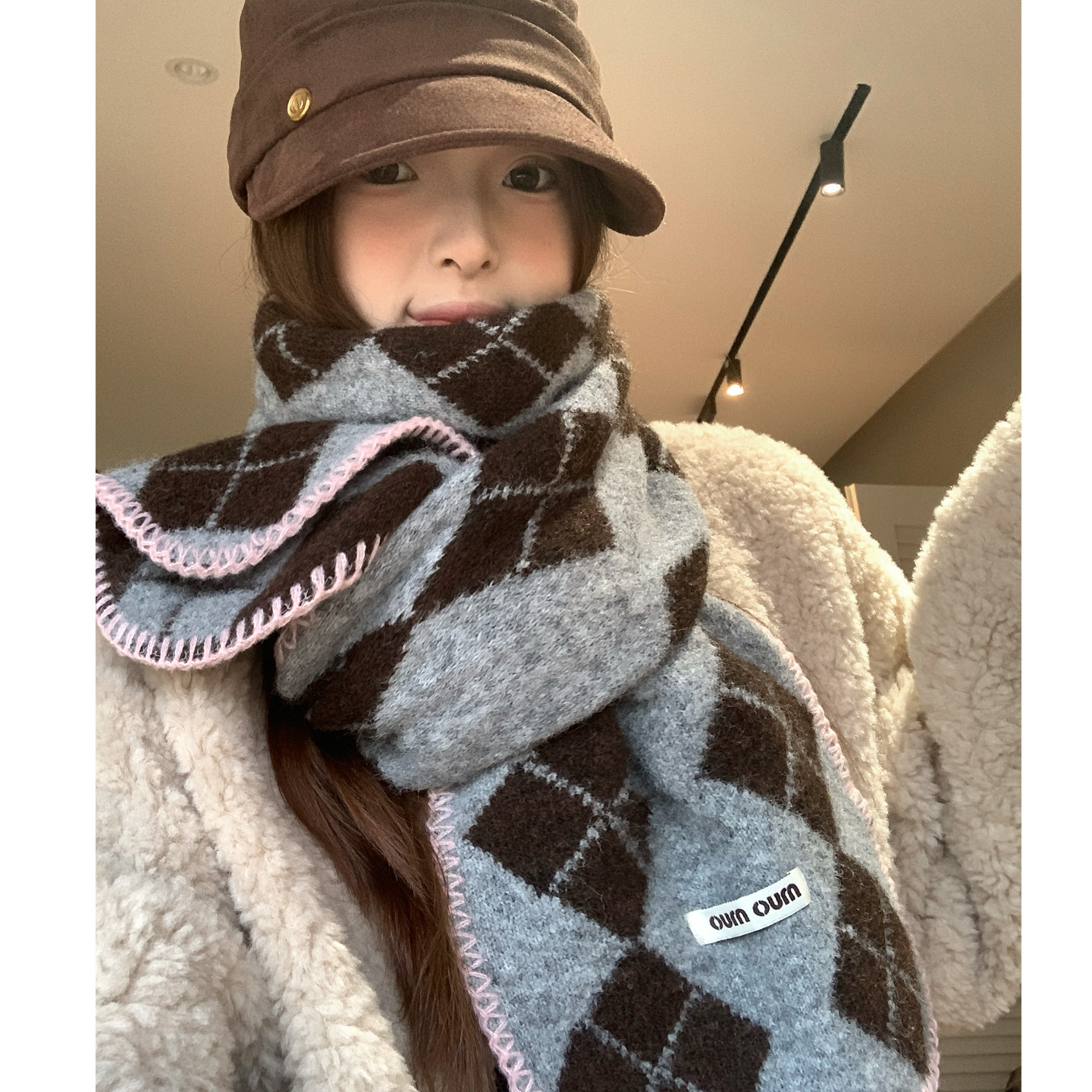 氛围感软糯菱形格子针织毛线围巾女2025秋冬季加厚百搭护颈小围脖