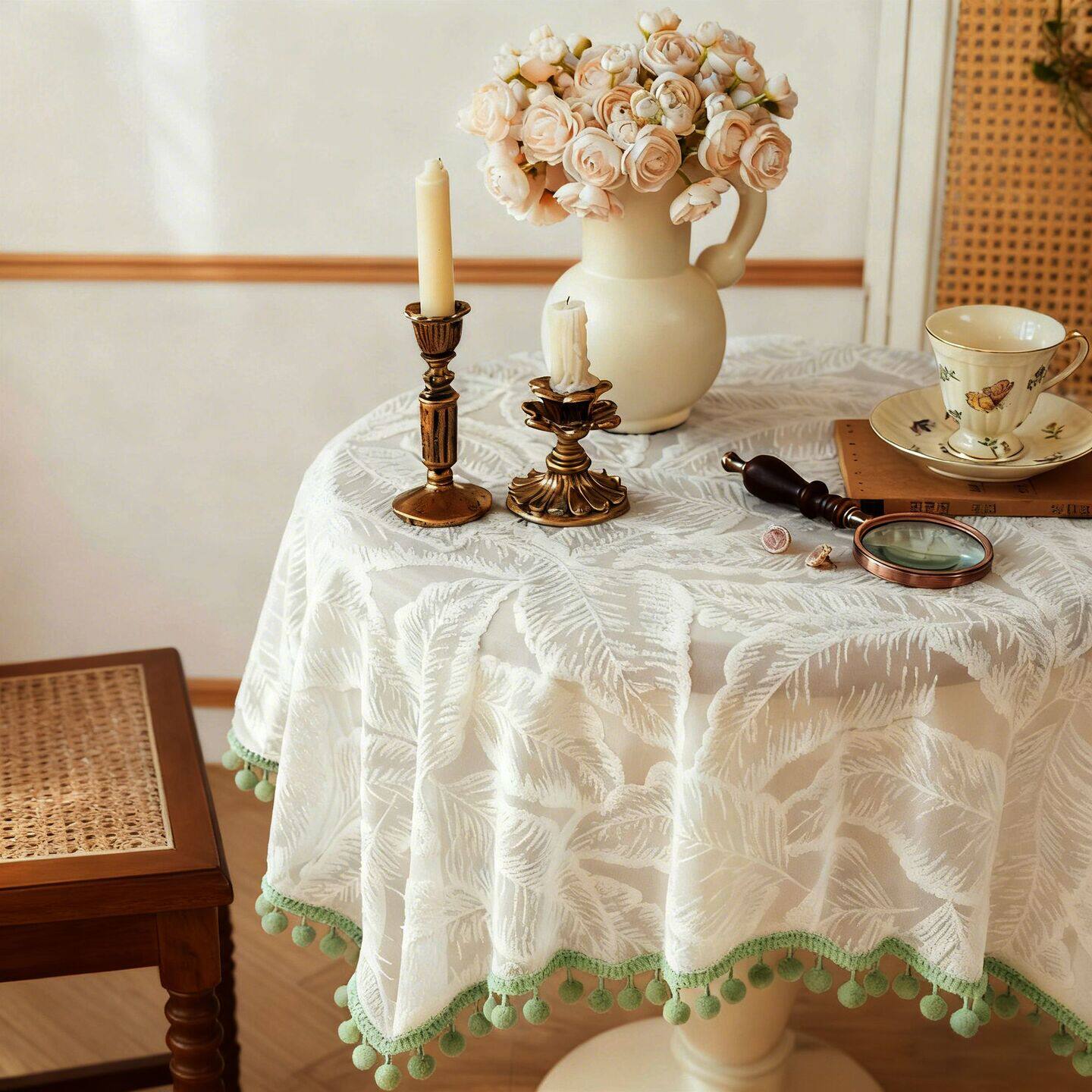 艺术感桌布球球边蕾丝桌布田园风长方形餐桌布茶几小圆桌ins台布