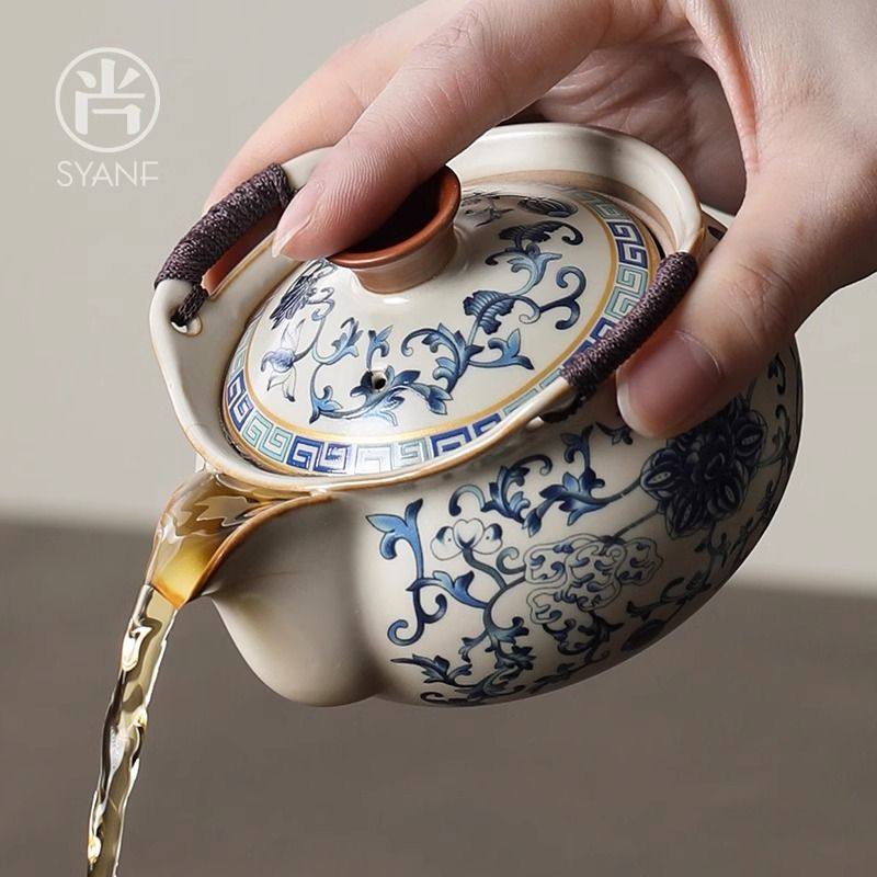 青花汝窑手抓壶盖碗茶杯高档大号防烫家用功夫茶具泡茶茶碗带盖,餐饮具,茶壶,淘宝优惠券,粉丝福利购,淘宝优惠卷