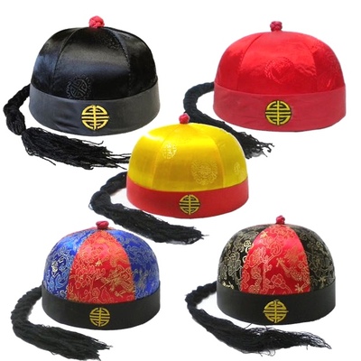 扎辫子戴的帽子儿童成人唐装瓜皮帽带辫宝宝状元皇帝地主帽男童清