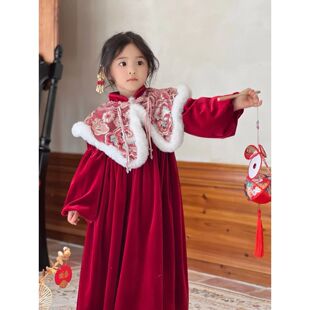 秋冬儿童红色拜年服唐装中国风连衣裙小女孩丝绒旗袍公主裙子