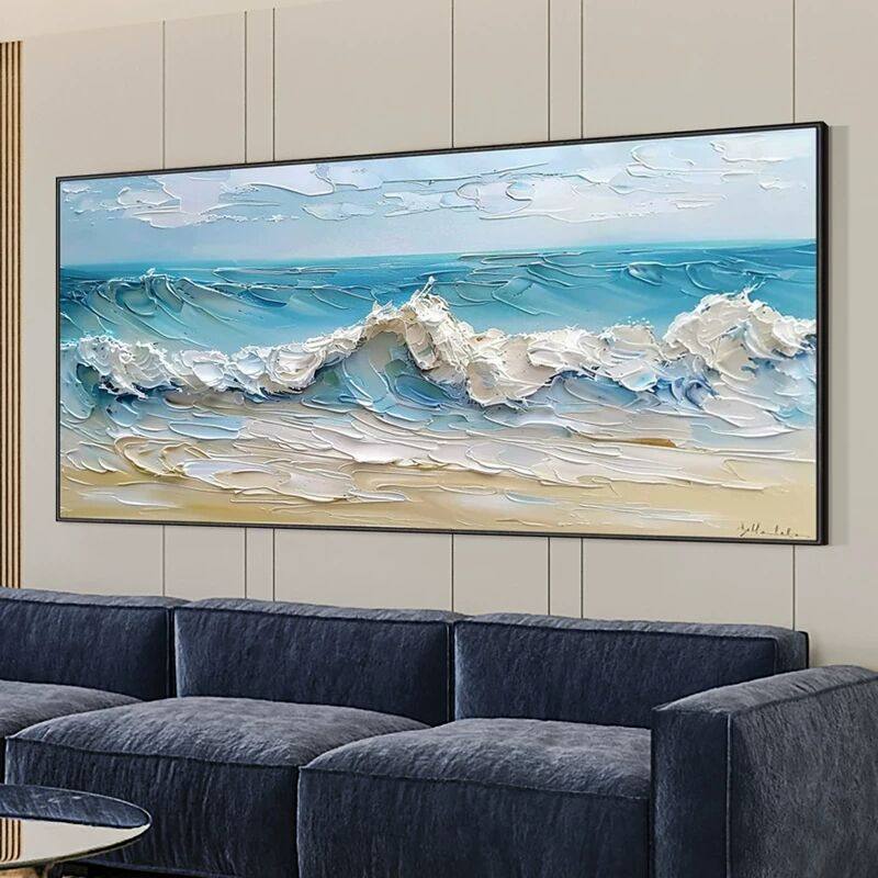 海浪风景客厅沙发背景墙挂画厚肌理抽象大芬村立体横幅纯手绘油画,家居饰品,油画,淘宝优惠券,粉丝福利购,淘宝优惠卷
