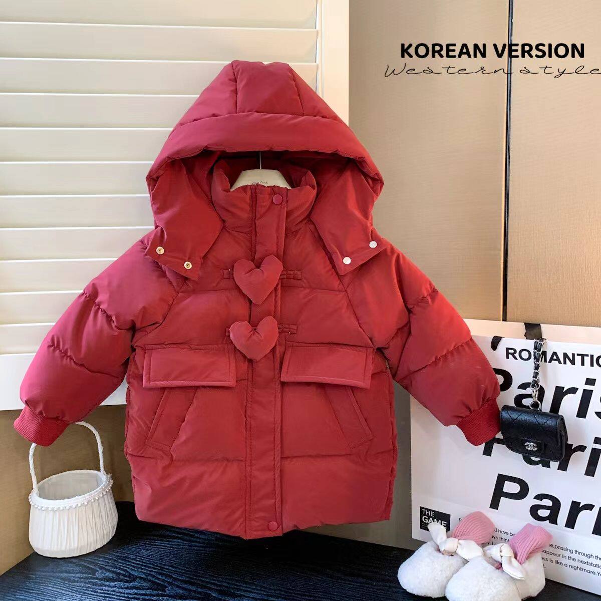 女童加厚棉服冬装外套2024冬季新款中长款保暖拜年服红色爱心兔绒