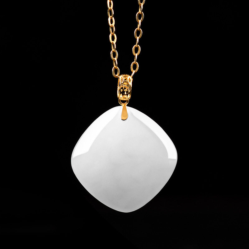 天然老料和田玉方形方糖吊坠正品18K金镶玉石项链挂件男士女款