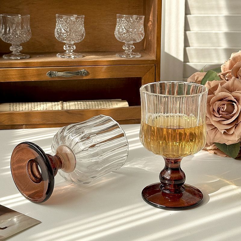 ins风复古轻奢百褶酒杯玻璃高脚杯家用氛围感香槟杯鸡尾酒杯法式