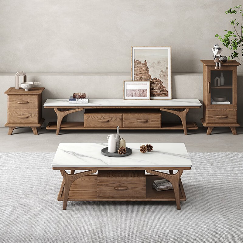 全友家居北欧全实木岩板茶几电视柜组合现代简约家用小户型白蜡木
