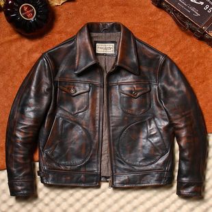 门多萨农场主马皮水洗皮衣男士真皮翻领复古机车美式皮夹克外套