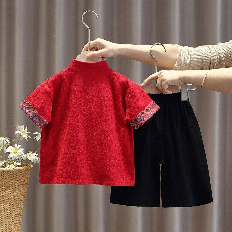 周岁礼服宝宝夏天春秋短袖套装儿童中国唐装男童汉服中式抓周衣服