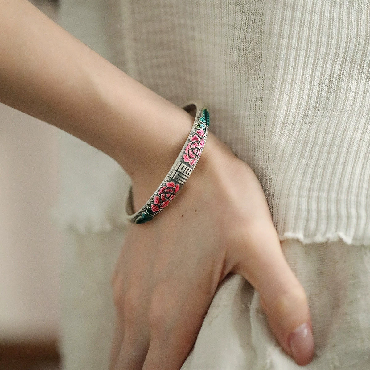 福字荷花手镯女中国民族古风滴胶烧蓝工艺镀银开口手环国潮手饰品,饰品/流行首饰/时尚饰品新,手镯,淘宝优惠券,粉丝福利购,淘宝优惠卷