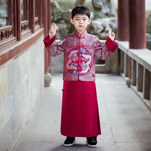 儿童唐装汉服古装男童少爷龙袍冬季加绒中国风公子套装拜年服红色