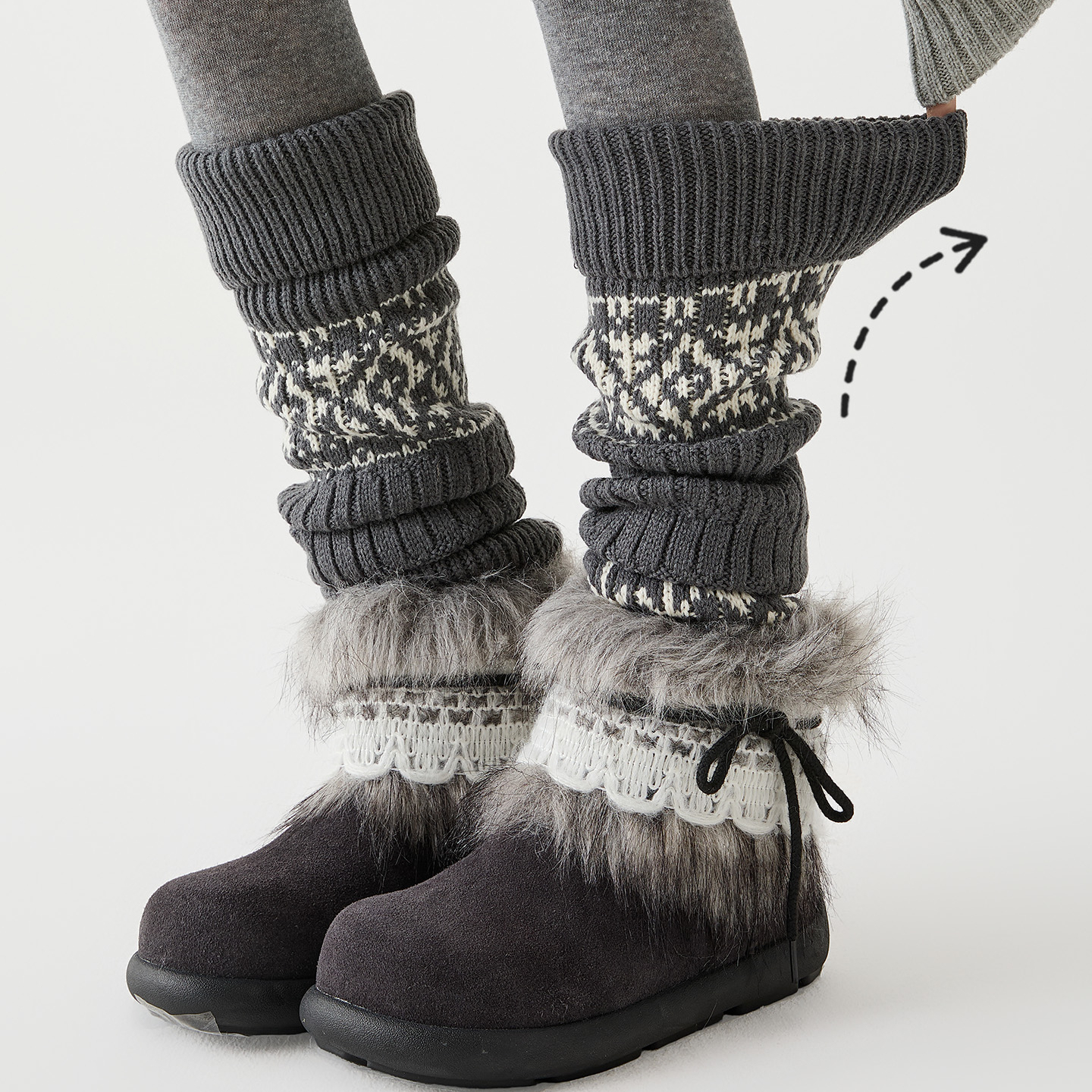 灰色费尔岛袜套女秋冬季加厚保暖长筒袜羊毛雪地靴复古堆堆小腿套