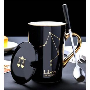 马克杯陶瓷杯子带盖勺咖啡杯女家用情侣水杯男生办公室茶杯星座杯