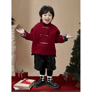 男童冬季拜年服2024秋冬新年红色盘扣唐装马甲儿童黑色短裤两件套