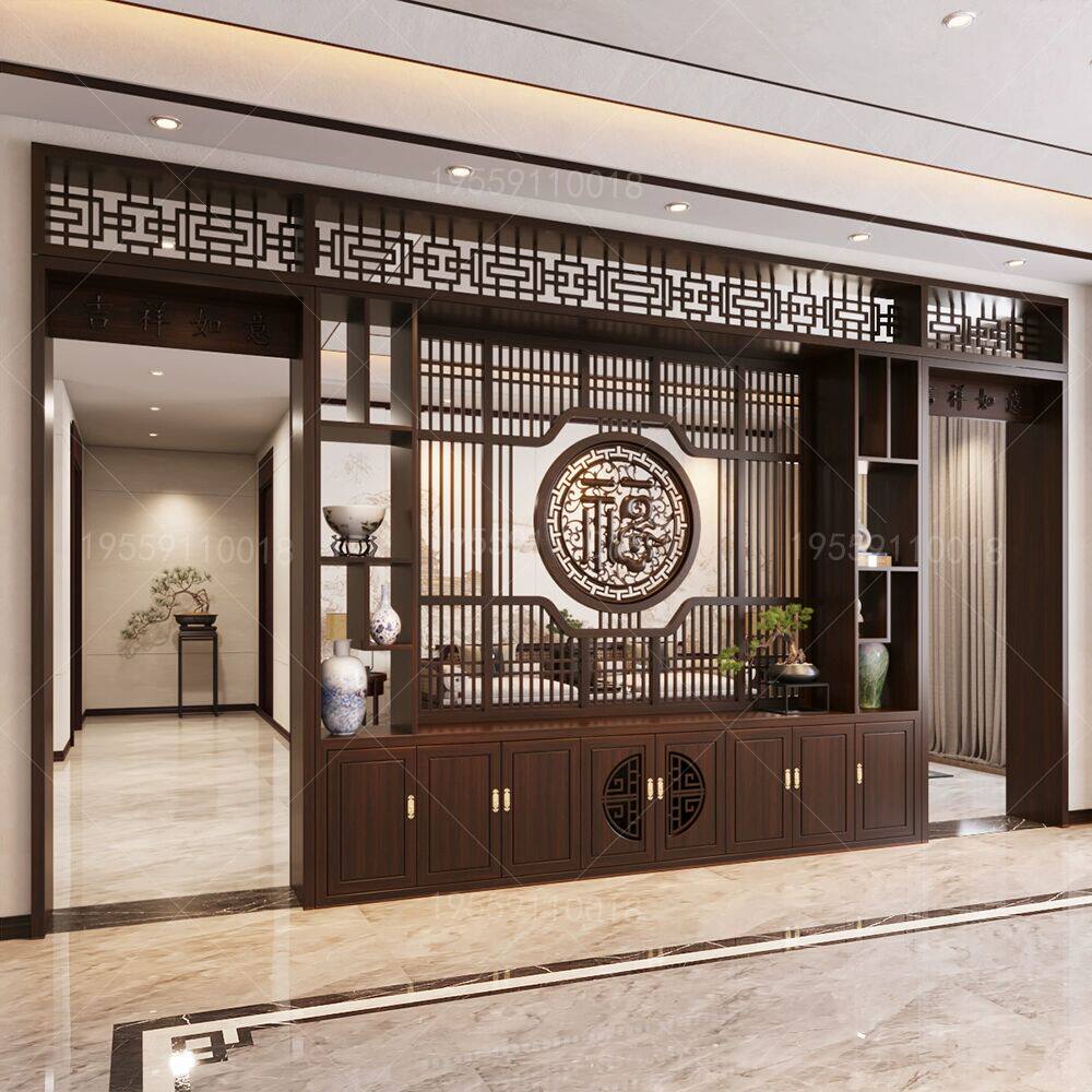 2025年新款新中式乌金木入户月洞门玄关博古架实木屏风柜家用隔断