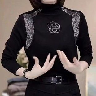 常规宽松型厚款 羊毛100% 半高领山茶花烫钻不缩水纯色立领针织衫