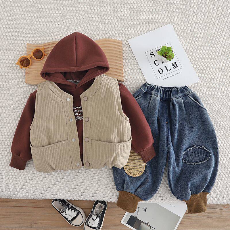 宝宝加绒套装2024冬装儿童新款男童中小童洋气加厚帅气马甲三件套
