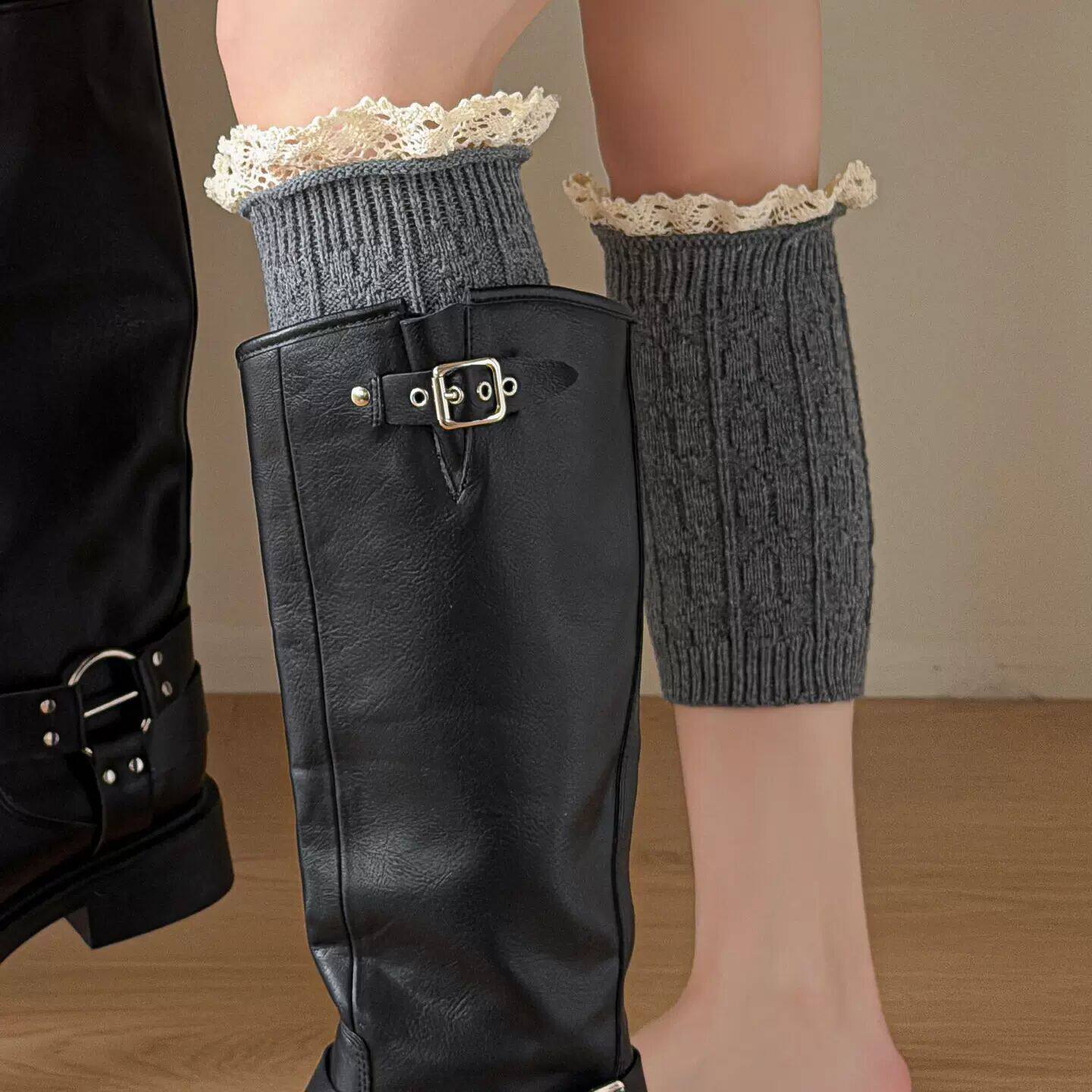 蕾丝花边针织袜套女秋冬羊毛加厚配靴子半截腿套咖色麻花堆堆鞋套