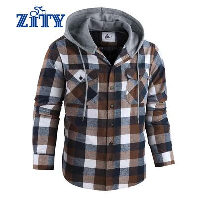 ZITY Men's Brown Plaid Hooded Flannel Shirt Long Sleeve