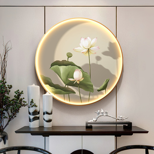 荷花圆形玄关装饰画新中式客厅莲花led灯画壁灯日式禅意茶室挂画