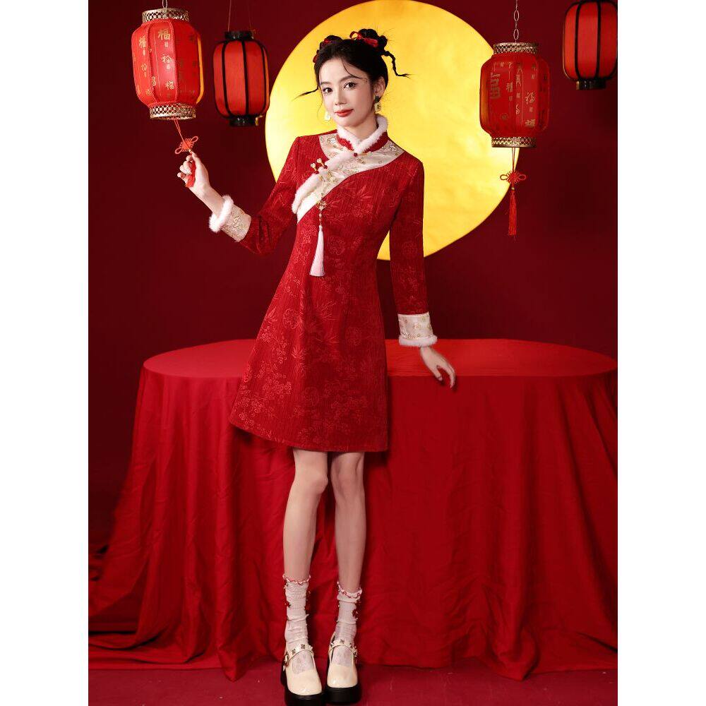 红色旗袍秋冬季小个子短款新年战袍过年衣服拜年服喜庆女装连衣裙