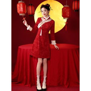 红色旗袍秋冬季小个子短款新年战袍过年衣服拜年服喜庆女装连衣裙