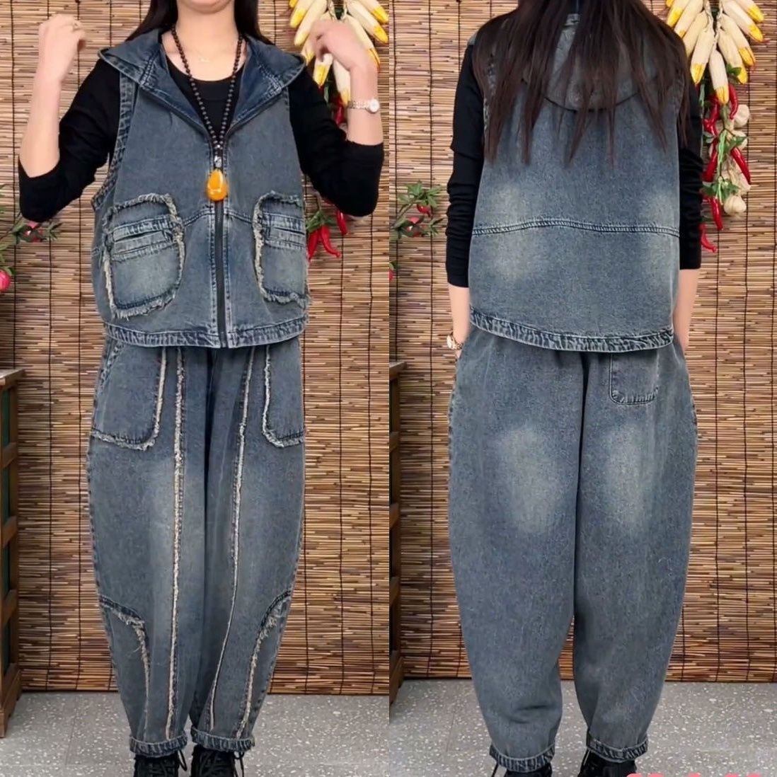 全棉牛仔水洗套装马甲裤子两件套大码套装宽松显瘦妈妈装柔软舒适