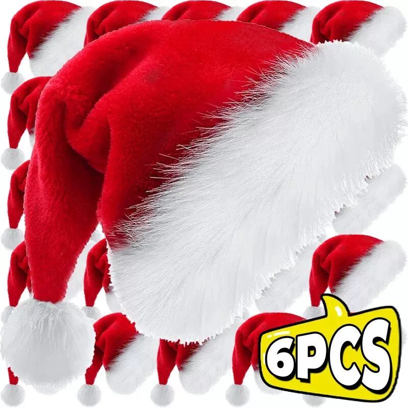 6/1PCS Plush Christmas Hat for Adults Kids Soft Velvet Thick