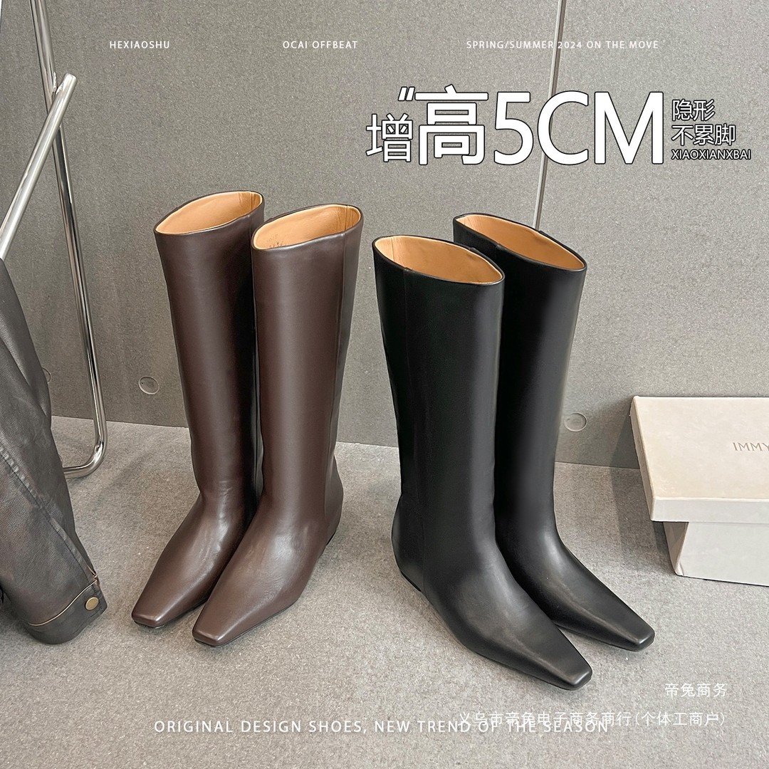 复古方头坡跟长筒靴女新款高级感直筒靴套筒不过膝高筒靴1212-1