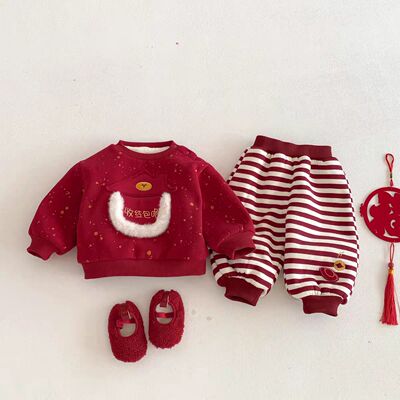 儿童洋气拜年2025新款冬季女童加绒卫衣男童套头衫红色套装