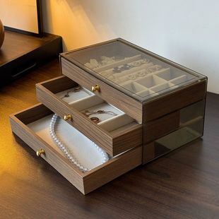 首饰收纳多层高档首饰盒精致胡桃木戒指抽屉式 饰盒 项链耳环耳钉装