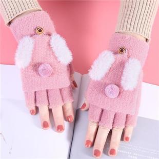 写作业专用手套手套女冬天加绒加厚保暖可爱学生写字针织翻盖半指
