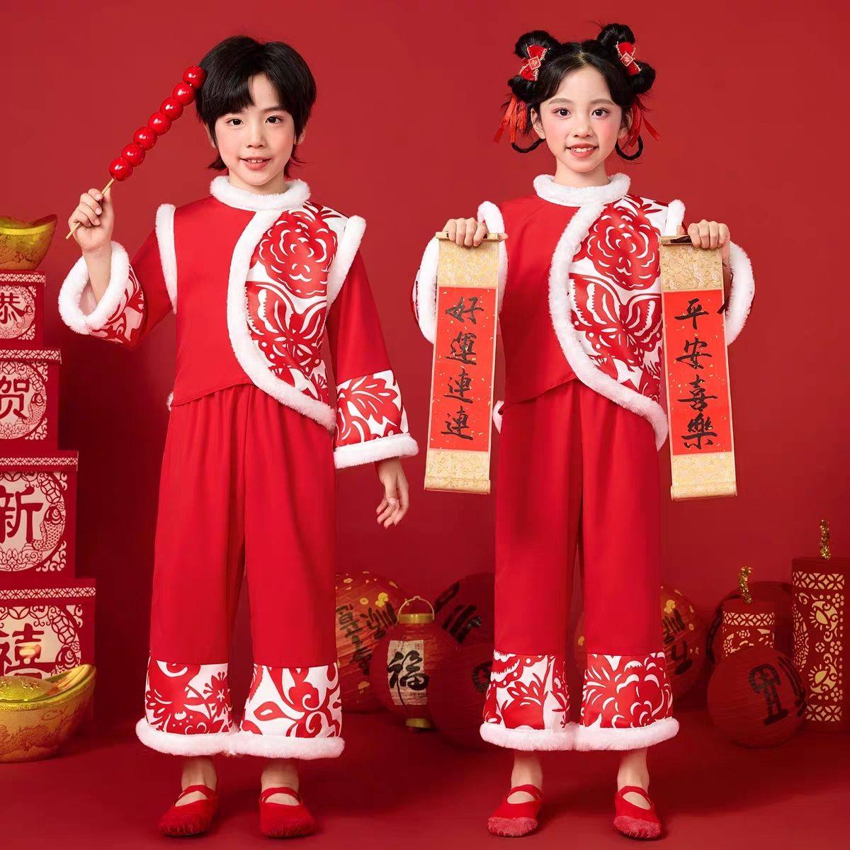 儿童新款元旦秧歌开门红幼儿演出服舞蹈民族中国女童表演喜庆打鼓