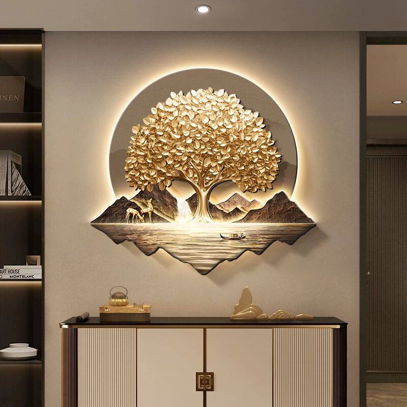 发财树入户玄关装饰画新中式轻奢客厅背景墙挂画山水画高级感壁灯,家居饰品,现代装饰画,淘宝优惠券,粉丝福利购,淘宝优惠卷