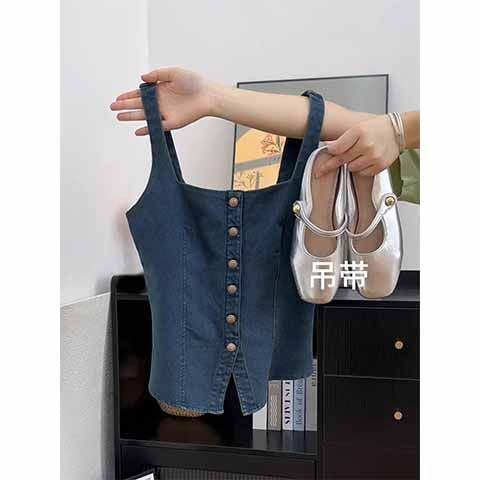 短款单排扣牛仔吊带背心马甲女韩系小个子修身显瘦复古辣妹开衫女