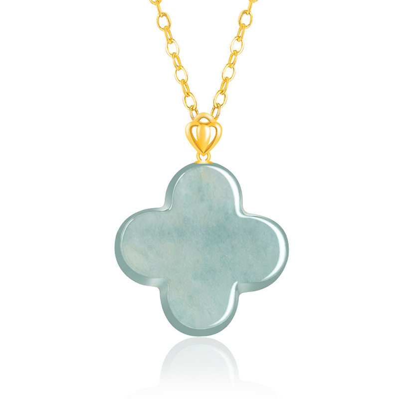 天然A货翡翠蓝水四叶草冰种玉石吊坠18K金扣镶嵌时尚女款挂件玉坠