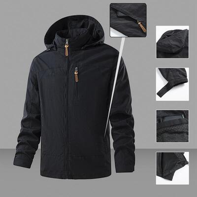 Men's Black Waterproof Hooded Jacket with Leather Accented
