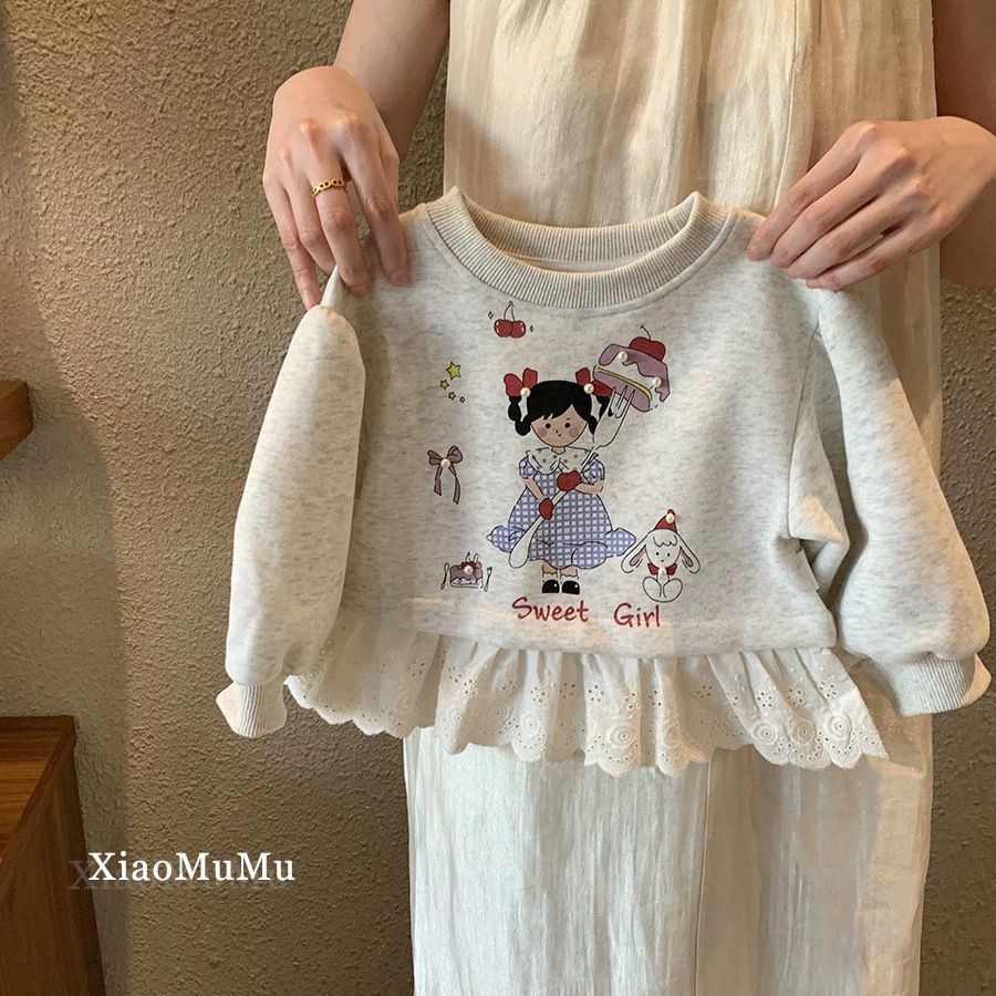 女童春秋卫衣套装宝宝2025儿童卡通新款洋气花边牛仔裤两件套