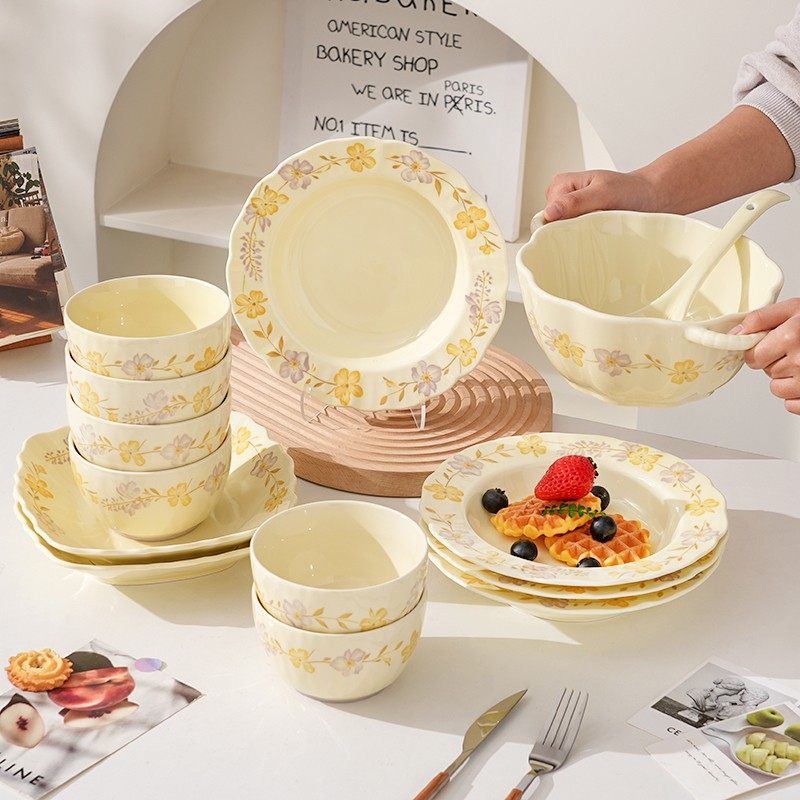 【紫罗兰14件套】奶油风碗盘米饭碗圆盘深盘奶油风套装陶瓷餐具碗,餐饮具,餐具瓷器套装,淘宝优惠券,粉丝福利购,淘宝优惠卷