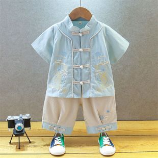儿童汉服男童夏装中国风男宝宝周岁礼服棉麻套装唐装薄款古风古装