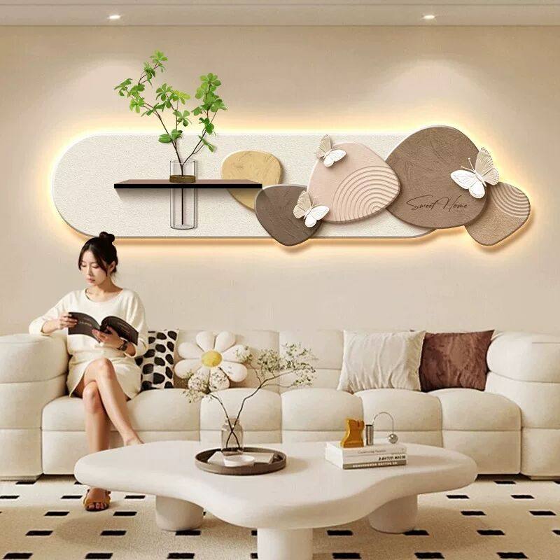 奶油风客厅装饰画水培绿植led灯光壁画高级感横版沙发背景墙挂画,家居饰品,氛围画/灯画,淘宝优惠券,粉丝福利购,淘宝优惠卷