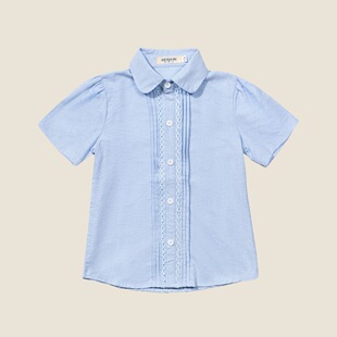 夏款儿童浅蓝短袖衬衫中小学生校服男女童刺绣纯白衬衣班服演出服