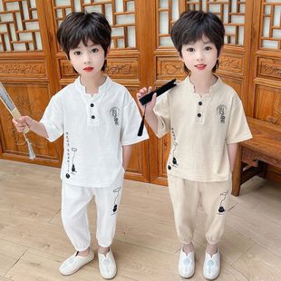 儿童汉服男童夏装中国风套装新款唐装夏季棉麻短袖宝宝复古两件套