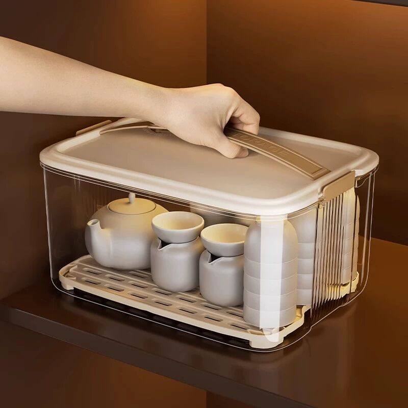 茶具茶杯收纳盒防尘透明公道杯盖碗杯子置物架功夫茶壶带盖整理箱