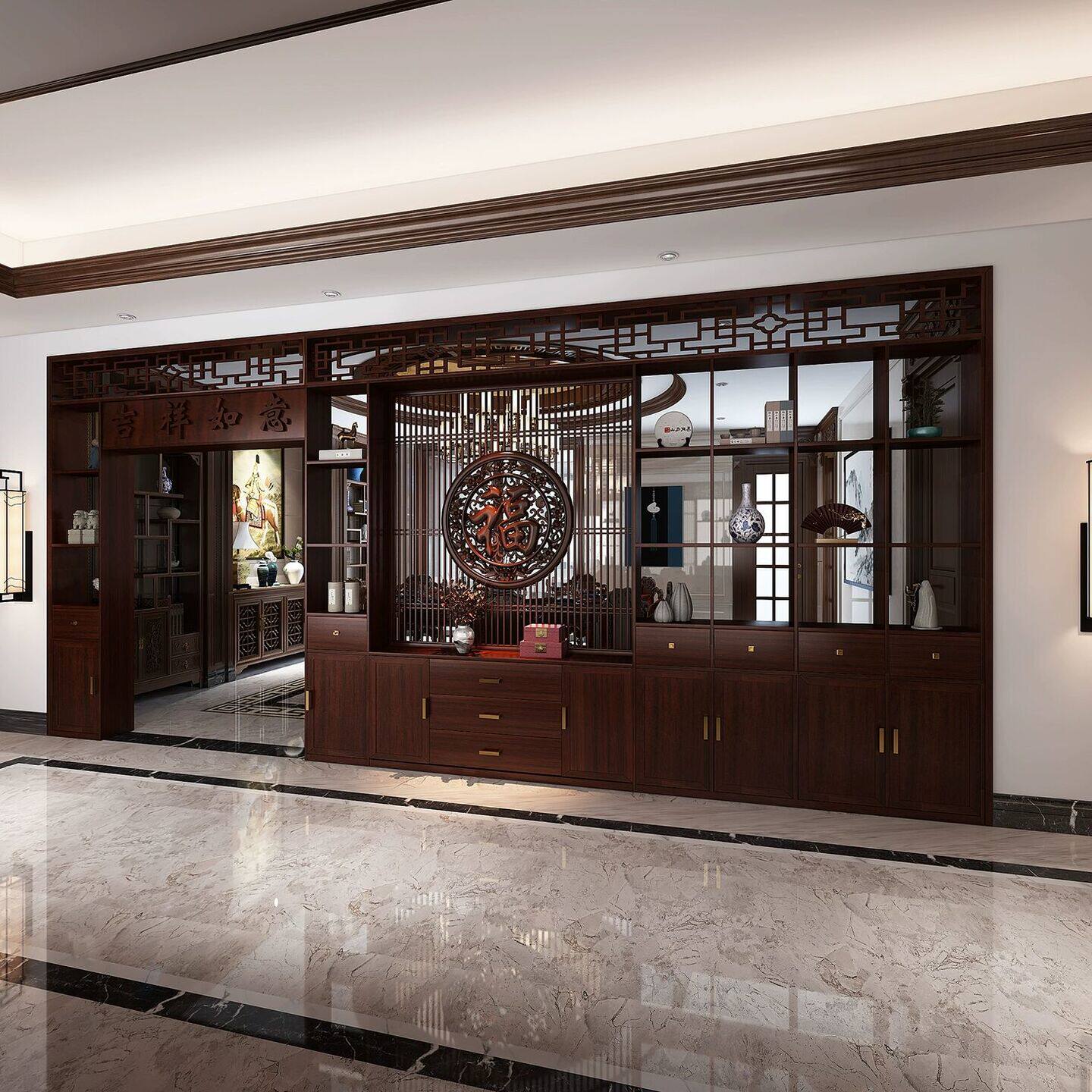 新中式实木屏风柜月洞门隔断客厅玄关入户博古架门厅餐厅拱门定制