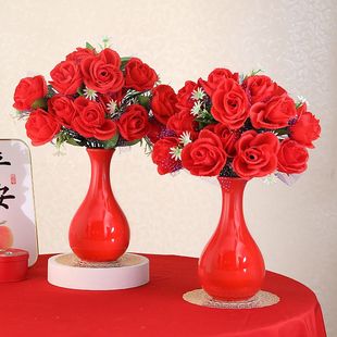 红色花瓶陶瓷插花一对带仿真花束结婚婚房客厅餐桌新款中式摆件
