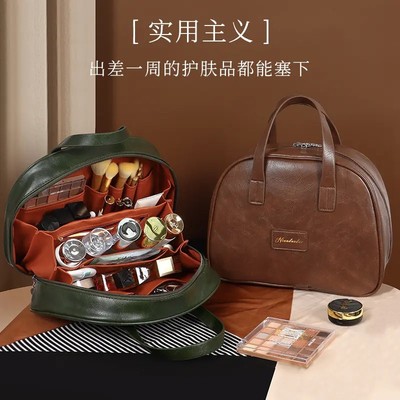 新款油蜡皮复古化妆包女大容量时尚高级感便携旅行护肤收纳包