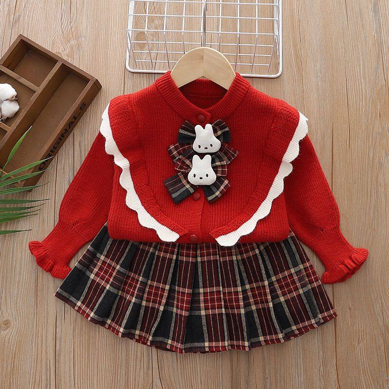 女童针织毛衣开衫2024红色儿童拜年服格子百褶裙两件喜庆女童套装